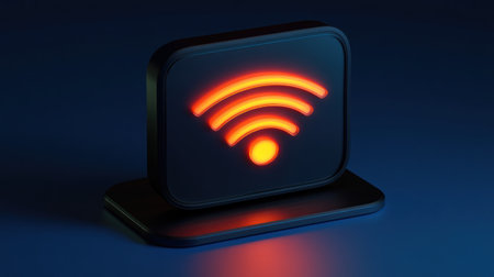 The glowing Wi-Fi symbol emits a warm orange light, showing a modern design in a dark setting.の素材