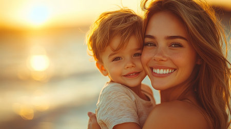 A mother holds her smiling son tightly at the beach as the sun sets, radiating joy and warmth in the golden hour.の素材