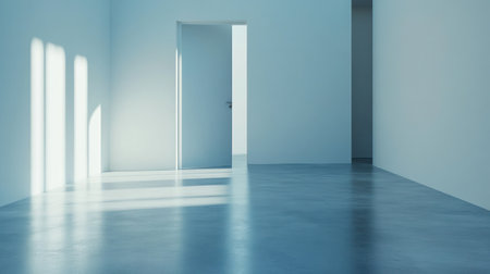 An empty room features smooth flooring and gentle sunlight illuminating the space from an open door.の素材