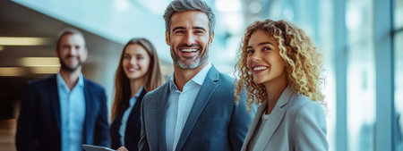 A diverse group of professionals enjoys a networking moment, smiling and engaging in conversation in a sleek office.の素材