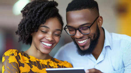 A joyful couple shares a fun moment while engaging with a digital screen in a relaxed atmosphere.の素材