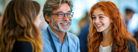 Three people engage in a lively and friendly discussion, sharing smiles in a bright, relaxed atmosphere.の素材