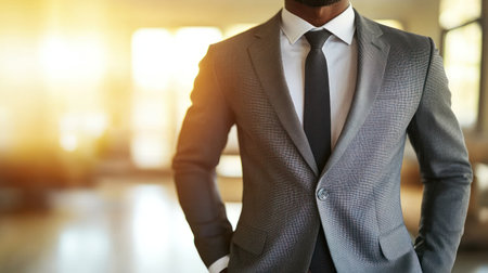 A man in a tailored suit strikes a confident pose in a bright office setting.の素材