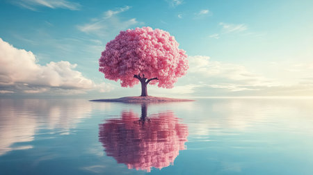 A vibrant cherry blossom tree reflects beautifully in tranquil waters under a clear sky, creating a serene atmosphere.の素材