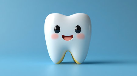 A smiling tooth character with big eyes stands brightly against a blue backdrop, promoting oral hygiene for kids.の素材