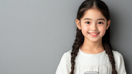 A cheerful girl with long braids showing her smartphone, exuding happiness in a modern indoor environment.の素材