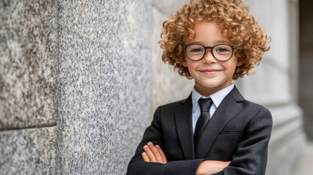 A smiling young boy wearing glasses and a suit stands against a granite wall, radiating confidence.の素材