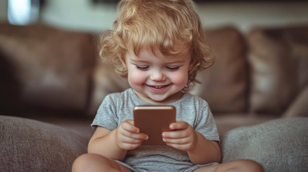 The toddler, with curly hair, smiles brightly while engaging with a smartphone on a comfortable couch.の素材