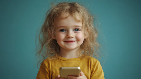 A cheerful young girl with curly hair holds a smartphone, smiling happily in a bright indoor space.の素材