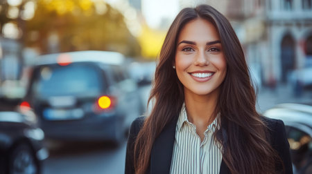 A woman stands on a busy street, smiling warmly as sunlight illuminates her face and the city around her.の素材