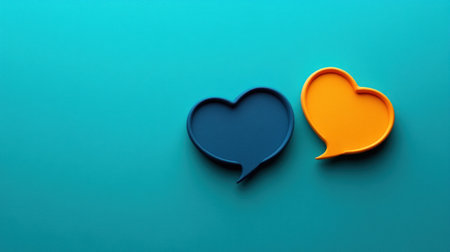 Vibrant blue and yellow heart shapes are arranged to convey love and dialogue against a calming teal backdrop.の素材