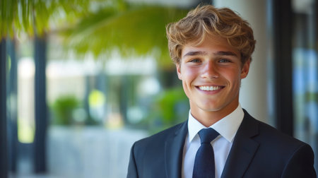 A young man dressed in a suit stands smiling in a bright office decorated with plants.の素材