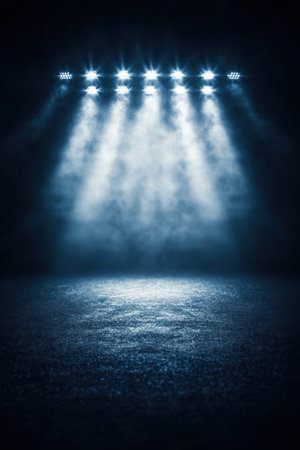 Bright spotlights pierce through dark surroundings, enhancing the anticipation for an upcoming performance.の素材