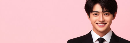 A young man beams with a bright smile while dressed in a formal outfit, enjoying a moment of joy and confidence.の素材