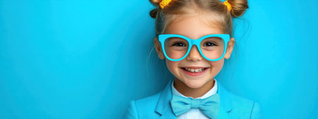 A young girl in a blue outfit and playful buns beams joyfully with large glasses and a bow tie.の素材
