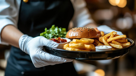 A waiter presents a mouthwatering burger with crispy fries and fresh salad to diners in a lively restaurant atmosphere.の素材