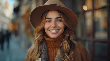 A young woman wearing a brown hat smiles while standing in an urban setting.の素材