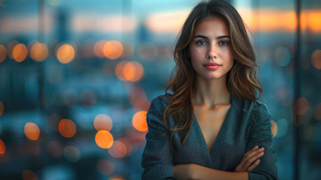 A young woman with long brown hair stands in front of a blurred city background at night.の素材