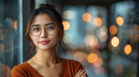 A young woman with glasses smiles as she stands in front of a blurry background of warm lights.の素材