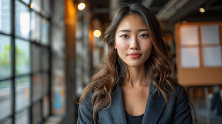 A young woman with long brown hair and a confident expression stands near a window in an office building.の素材