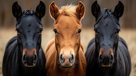 A black stallion, a brown colt, and a black mare gather closely in a sunlit field, enjoying the warm spring weather.の素材