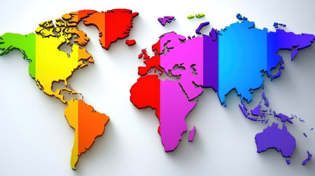 A vivid world map illustrates continents in bright colors, emphasizing geographical features and artistic expression.の素材