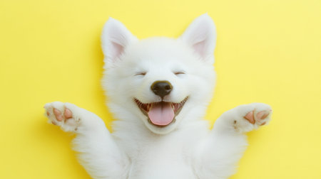 A fluffy puppy lies on its back, smiling with its mouth open, on a vibrant yellow background, radiating happiness.の素材