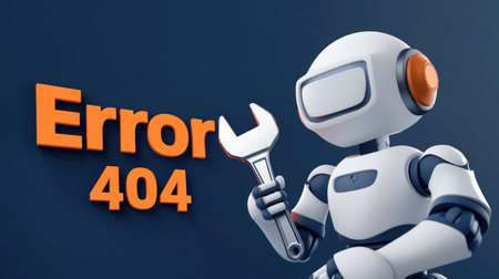 A robot with a wrench displays an error 404 message, symbolizing technical issues in a digital environment.の素材