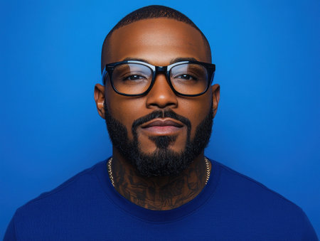 A stylish man with a well-groomed beard showcases his fashion sense in front of a vivid blue backdrop.の素材