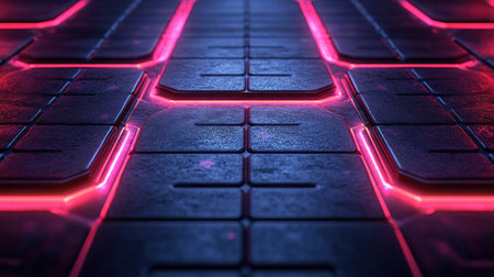 A visually striking floor features glowing neon lines and dark tiles, creating a high-tech atmosphere.の素材