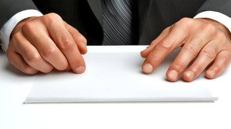 A businessman sitting at a desk with hands poised on a blank document, ready for a signature in a corporate office.の素材