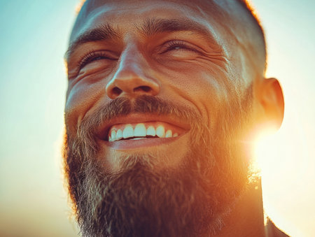 A man smiles joyfully as the sunset casts a warm golden glow on his face and beard.の素材