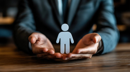 A person in a suit cradles a small figure in their hands, symbolizing care and support.の素材