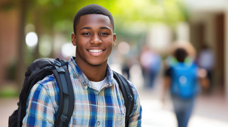 A cheerful student wearing a plaid shirt and backpack walks on campus, enjoying the sunny day and vibrant atmosphere.の素材