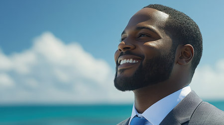 A man dressed in a suit enjoys the sunny weather with a cheerful smile by the ocean, appreciating the beautiful view.の素材