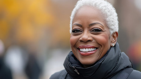 A woman beams with happiness while enjoying a bright autumn day in the park, capturing the essence of joy.の素材