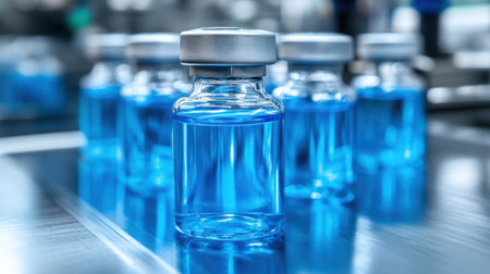 Vials filled with vibrant blue liquid are arranged on a reflective surface in a well-lit laboratory.の素材