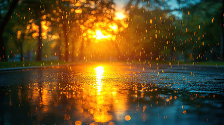 Bright orange sunlight shines through raindrops, creating a serene and colorful atmosphere on the wet pavement.の素材