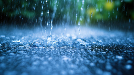 Morning rain softly falls, causing ripples as droplets hit the surface in a vibrant garden.の素材