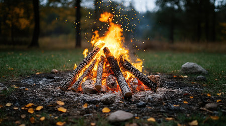 Flickering flames dance around logs while sparks rise in the cool evening air of a tranquil autumn forest.の素材
