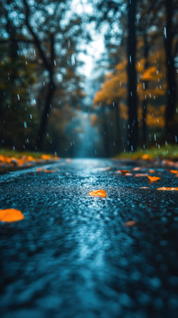 A quiet, wet path reflects the soft glow of twilight, surrounded by trees with colorful autumn foliage.の素材