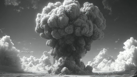 A towering cloud of smoke billows upwards after a significant explosion in a barren landscape.の素材