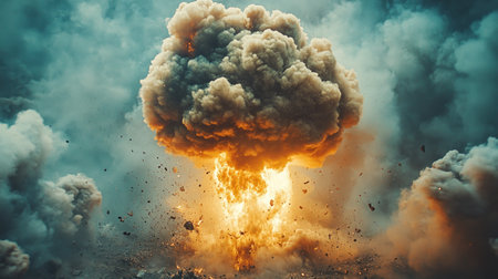 A towering mushroom cloud forms above the ground following a powerful explosion, illuminating the surrounding area.の素材