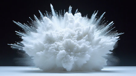 A white powder erupts forcefully, forming a large cloud in a dark environment, capturing the intensity of the moment.の素材
