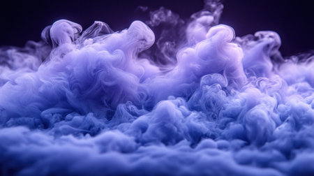 Swirling purple and white smoke creates an abstract visual effect against a dark backdrop, showcasing vapor's movements.の素材