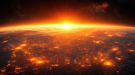 Dawn breaks over the Earth, casting a warm orange glow on city lights and highlighting the curvature of the planet.の素材