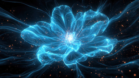 A glowing blue flower radiates light in a dark space, surrounded by swirling patterns and sparkling particles.の素材