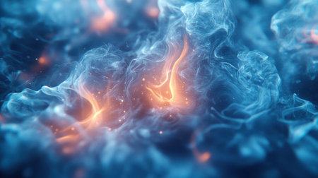 An abstract representation of blue and orange colors swirling together, creating a mystical, glowing atmosphere.の素材