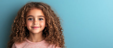A cheerful young girl with curly hair stands against a vibrant blue backdrop, radiating happiness and warmth.の素材