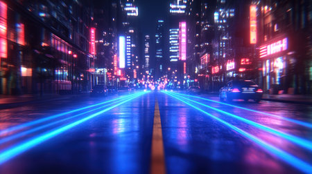 A lively urban street glows with neon lights reflecting on the wet pavement, capturing a vibrant nightlife.の素材